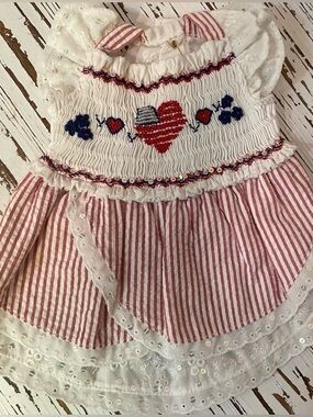 White Eyelet Pet Dress with Red Stripe & Patriotic Heart Embroidery
Small